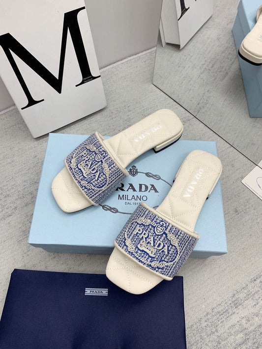 Prada 2026 Slippers Embroidery Canvas Sheepskin 731065