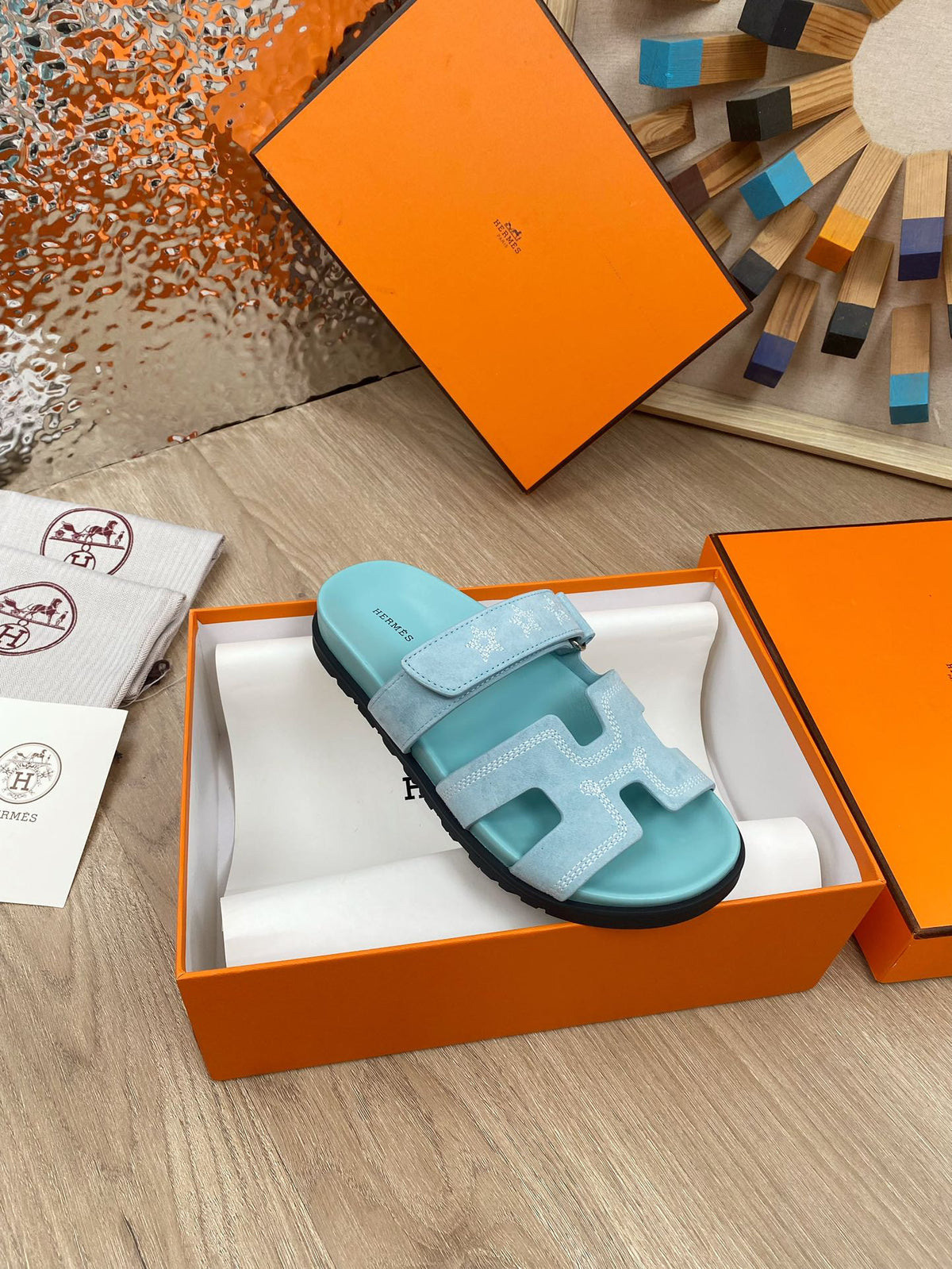 chypre sandal turquoise blue suede calfskin white thread embroidered