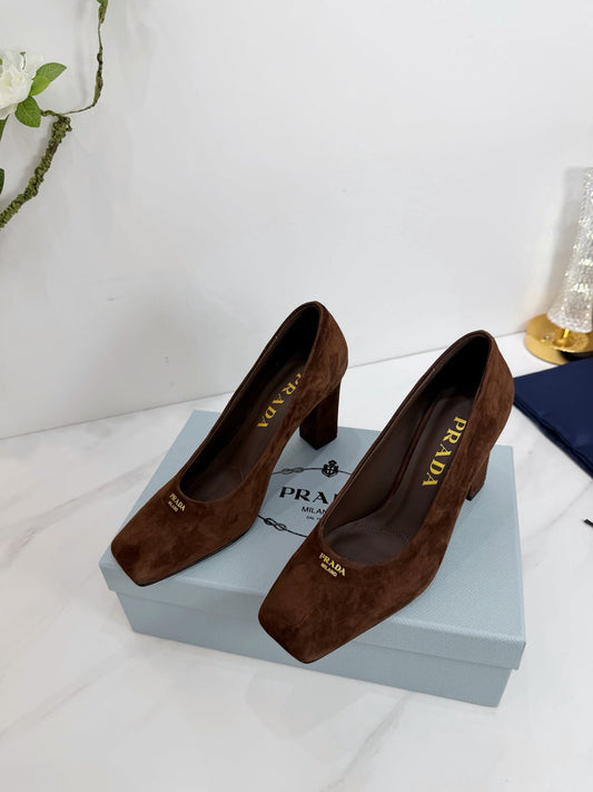 PRA 26SS Square-toe Block Heels 85 Dark Brown Suede 592362