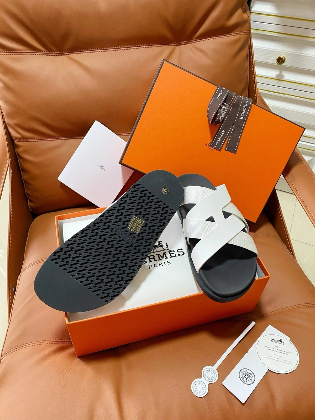 HM 2026 Cross Sandals White Canvas Calfskin 667285