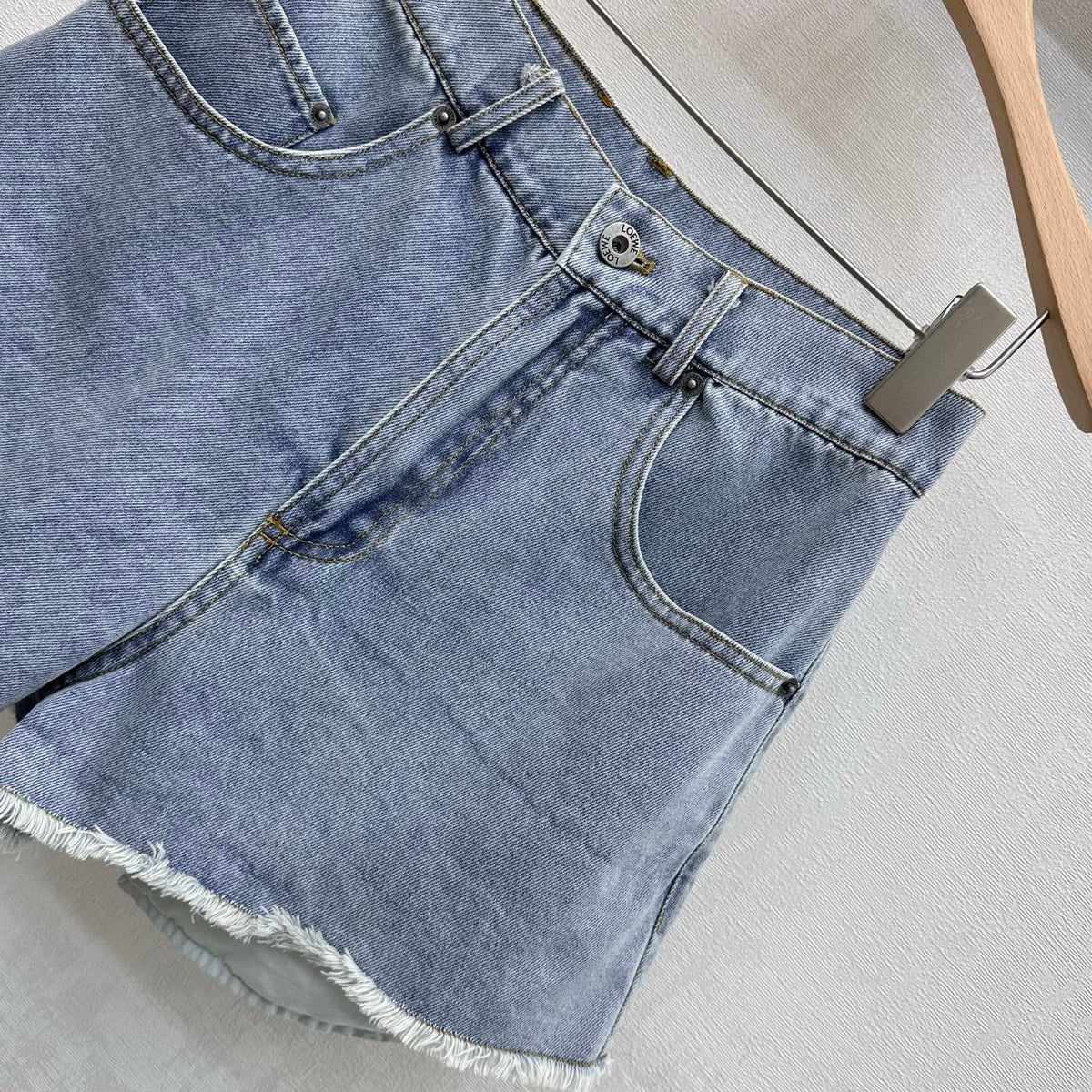 Loewe 26 Embroidered Frayed Edge Shorts Blue in YB Twill Cotton Denim 375346