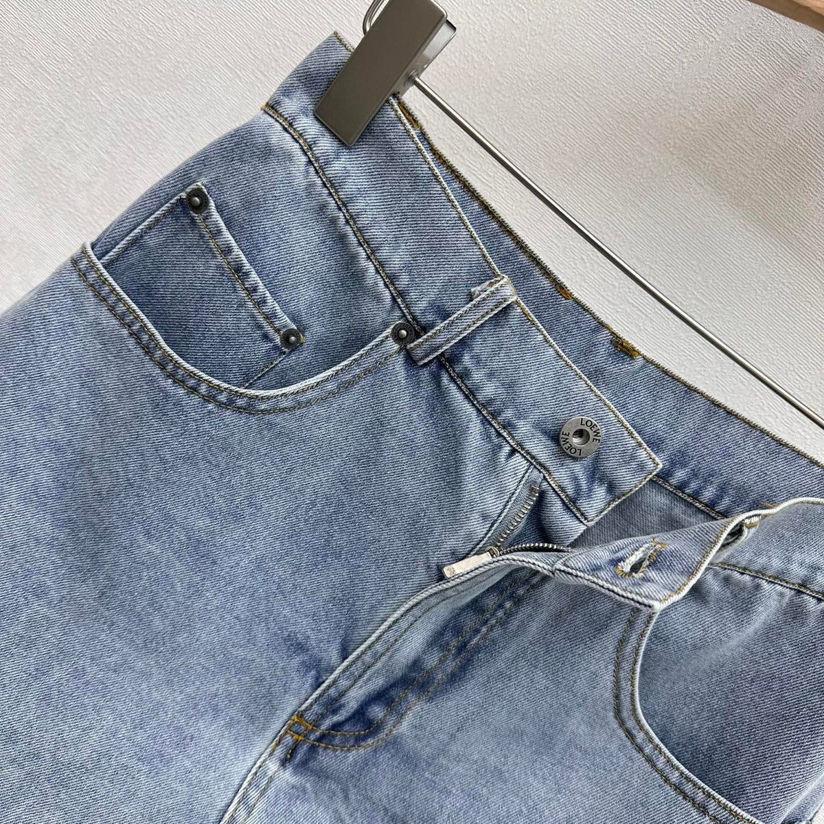 Loewe 26 Embroidered Frayed Edge Shorts Blue in YB Twill Cotton Denim 375346