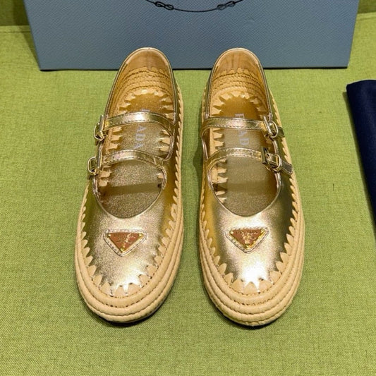 Prada 2026 Ballet Flat Gold Nappa Leather And Raffia