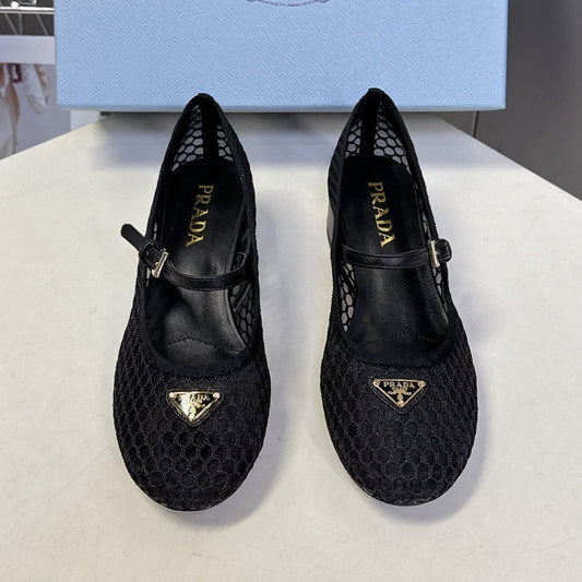 Prada 2026 Low Heel Ballet Flat 35mm Mesh Leather 717400