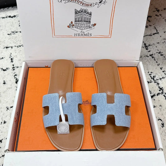 HM 26ss Oran Sandals Light Blue Brown Denim Cowhide 617183