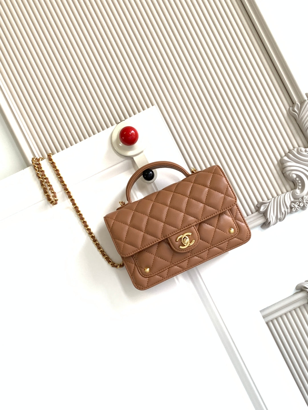CC Handle Bag Double C Camel Lambskin Gold Hardware