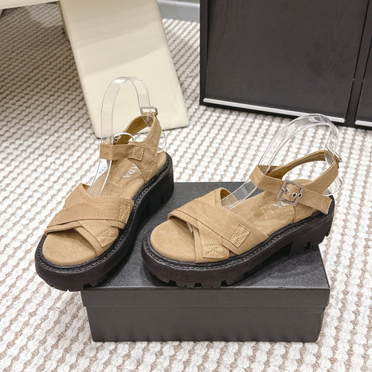 PRA 2026S Platform Sandals Beige Black Canvas 657526
