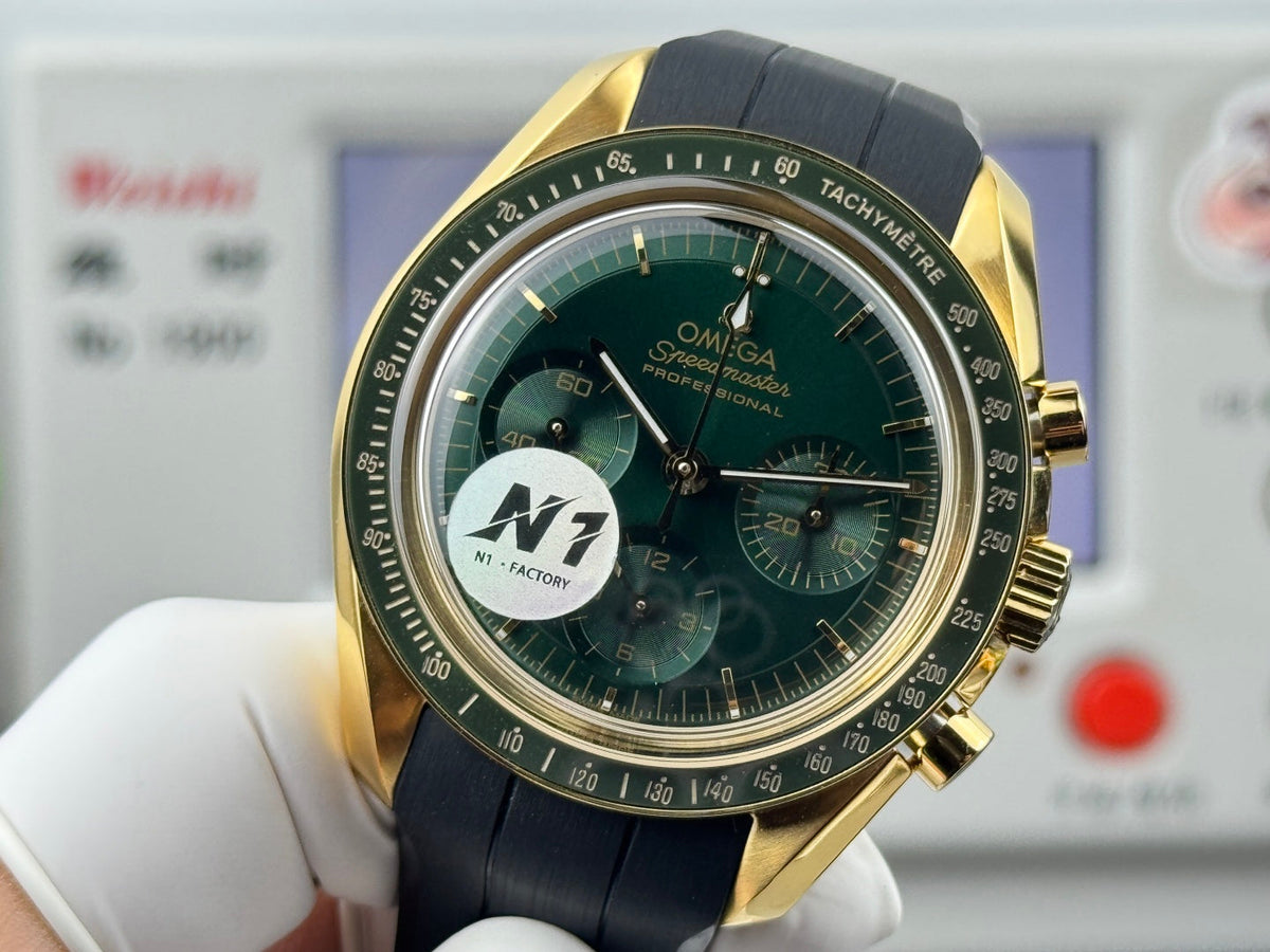 Omega Speedmaster Moonwatch Professional 42mm Green Dial Gold Case Rubber Strap