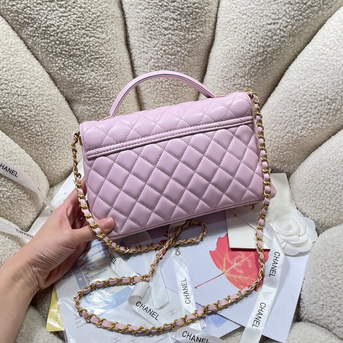 CC 25P Medium Flap Bag 25cm Top Handle Pink Calfskin Gold Hardware