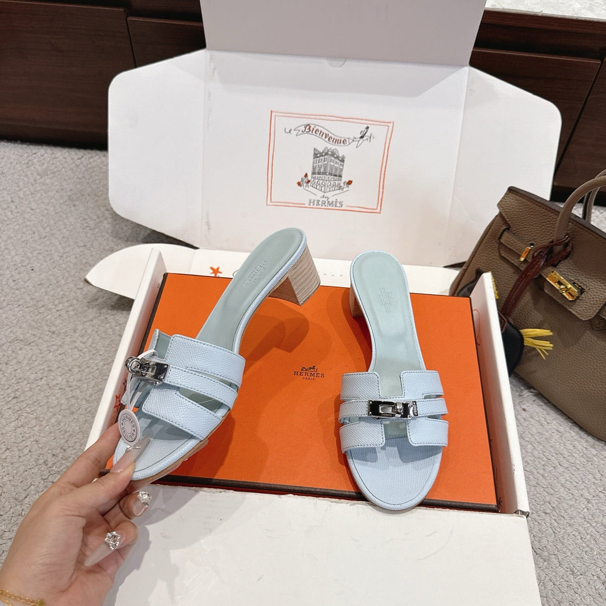 HM Kelly Buckle Sandals 5cm Stale Blue Leather 804998