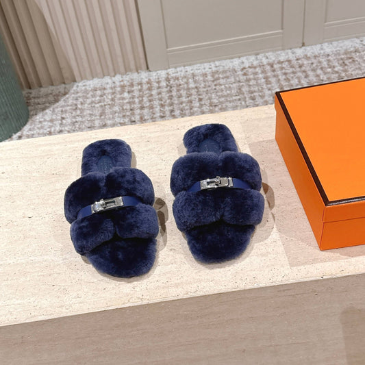 HM Oran Slippers Sliver Buckle Dark Blue Wool 583750