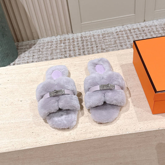 HM Oran Slippers Sliver Buckle Light Purple Wool 583752