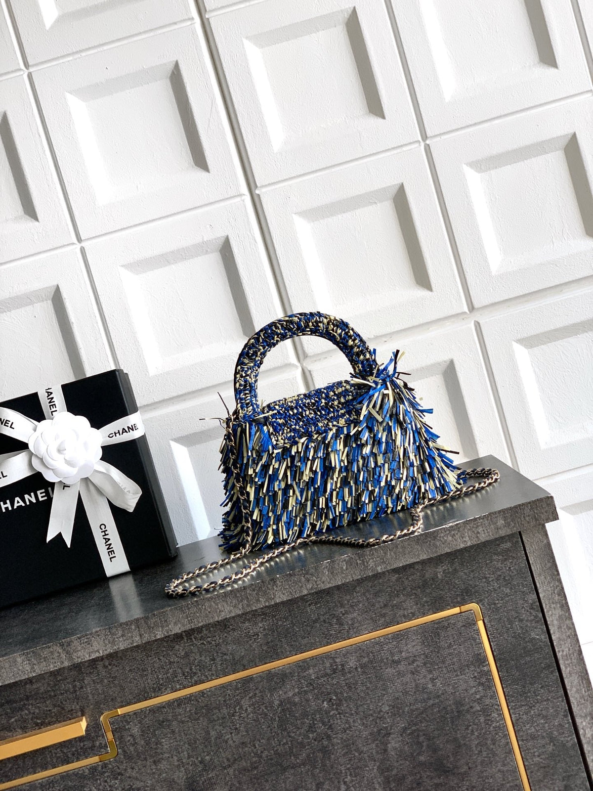 Chanel 2026 Bag 19cm Blue Black Yellow Raffia Leather