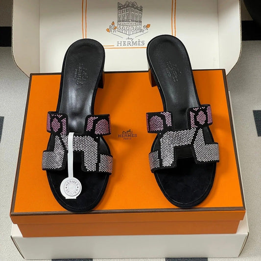 HM 25S ORAN HIGH‑HEEL SANDAL 50 MM IN BLACK LAMBSKIN WITH WHITE MIX PINK STONE DETAILS
