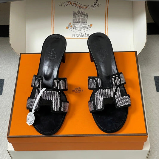 HM 25S ORAN HIGH‑HEEL SANDAL 50 MM IN BLACK LAMBSKIN WITH WHITE STONE DETAILS